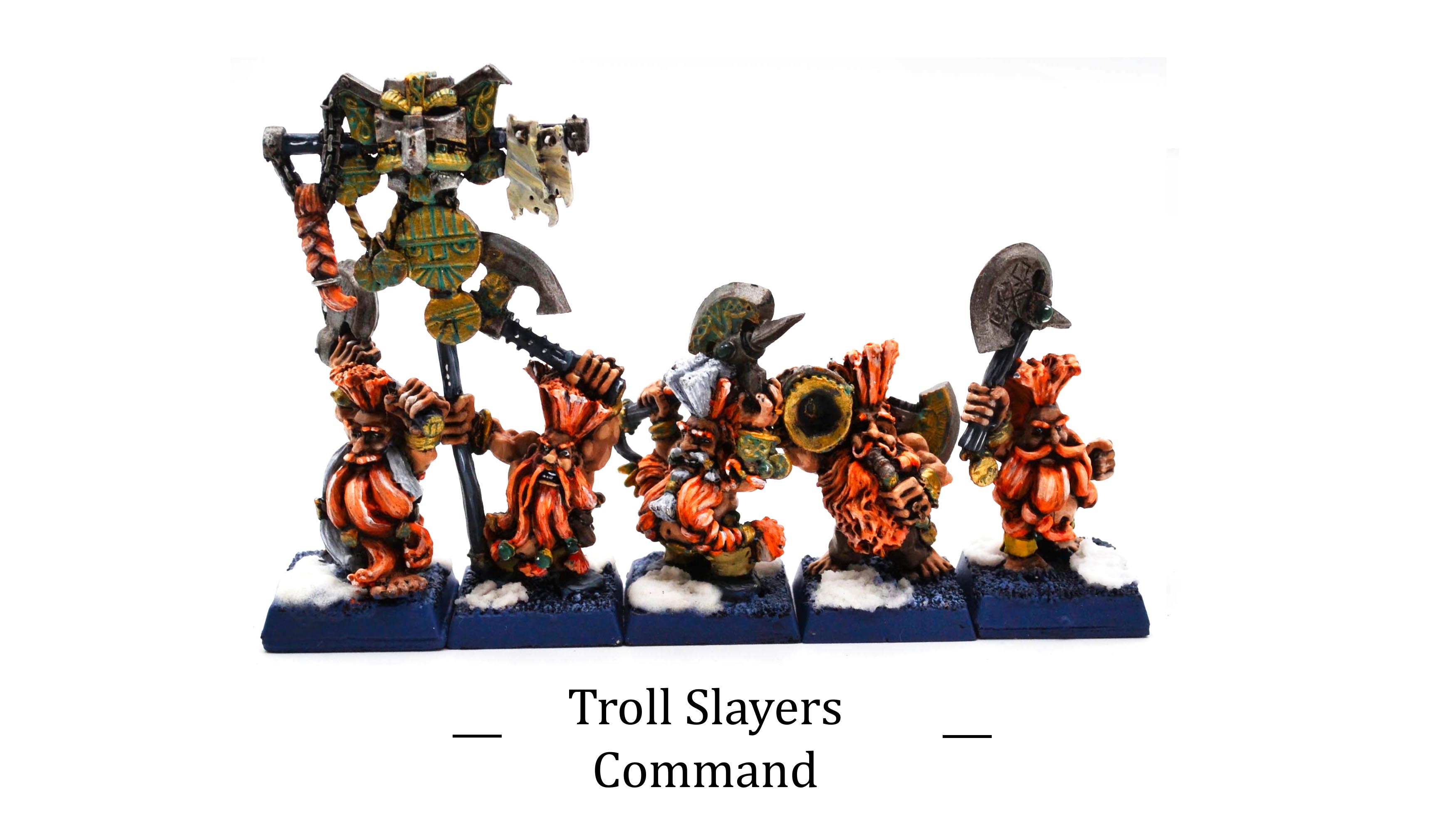 Warhammer Old World Dwarfen Mountain Holds Troll Slayers command miniatures painted by commission painter.